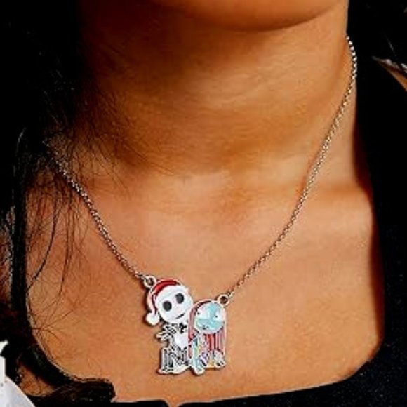 DISNEY 2pc THE NIGHTMARE BEFORE CHRISTMAS JACK + SALLY NECKLACE + EARRINGS SET - Picture 7 of 8